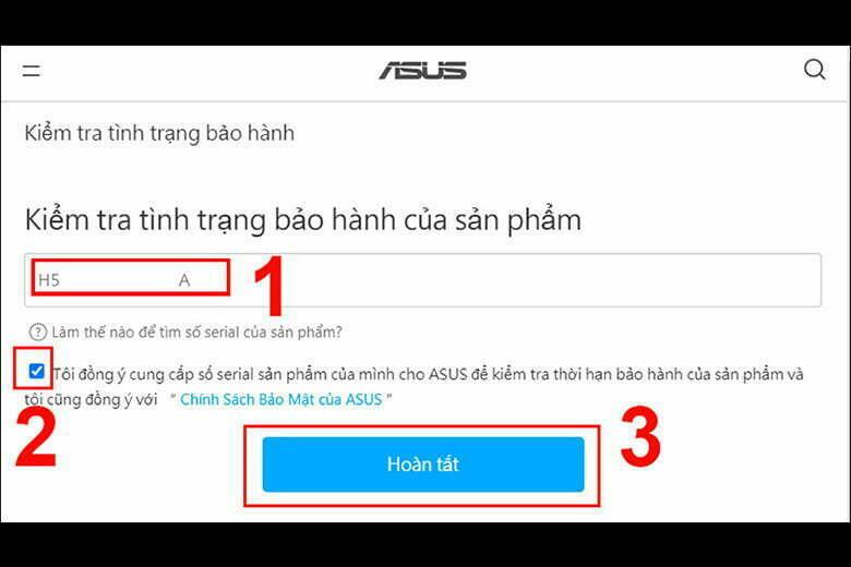 Giao diện website chính thức ASUS với mục nhập Serial Number