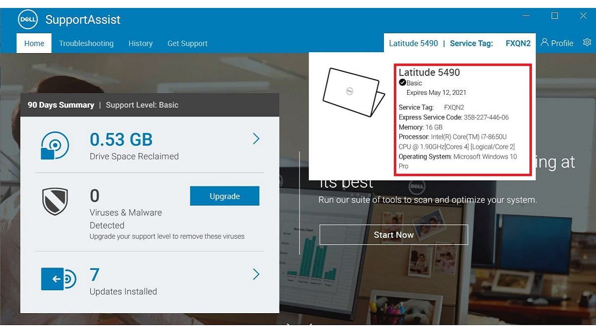 Phần mềm SupportAssist hiển thị trạng thái bảo hành