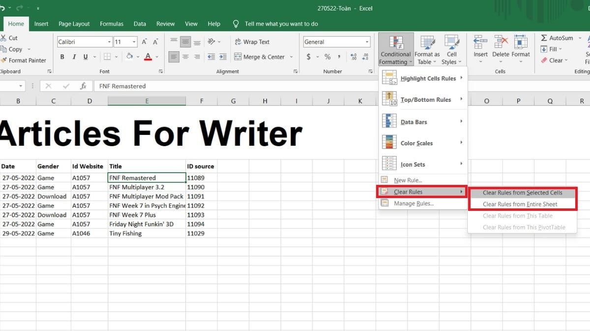 Xóa định dạng có điều kiện trong Excel để làm nhẹ file