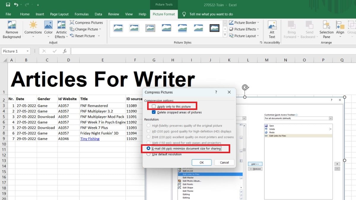 Nén hình ảnh trong file Excel dễ dàng thực hiện