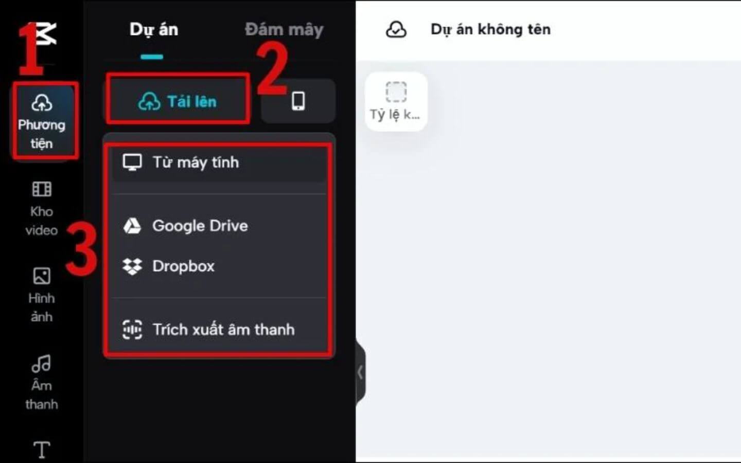 Trong phần “Thư viện phương tiện”, nhấn vào “Tải lên” và chọn video từ máy tính mà bạn muốn chỉnh sửa. (Nguồn: Internet)