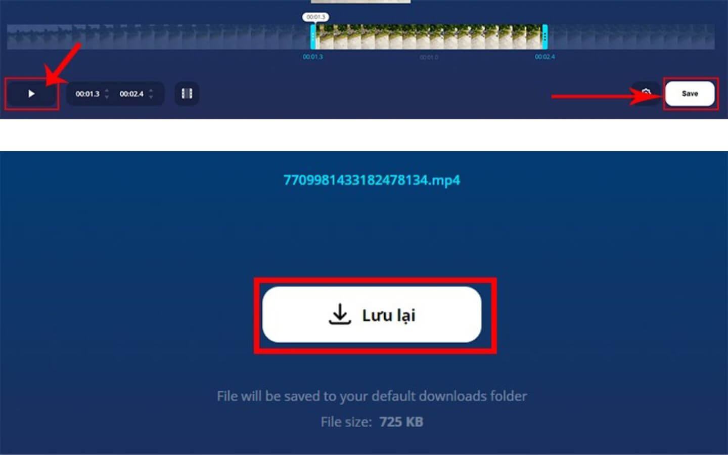 Nhấn nút phát (Play) hình tam giác bên dưới để xem trước đoạn video sau khi cắt > Tiếp tục nhấn Save, chọn vị trí lưu trên máy tính để hoàn tất. (Nguồn: Internet)