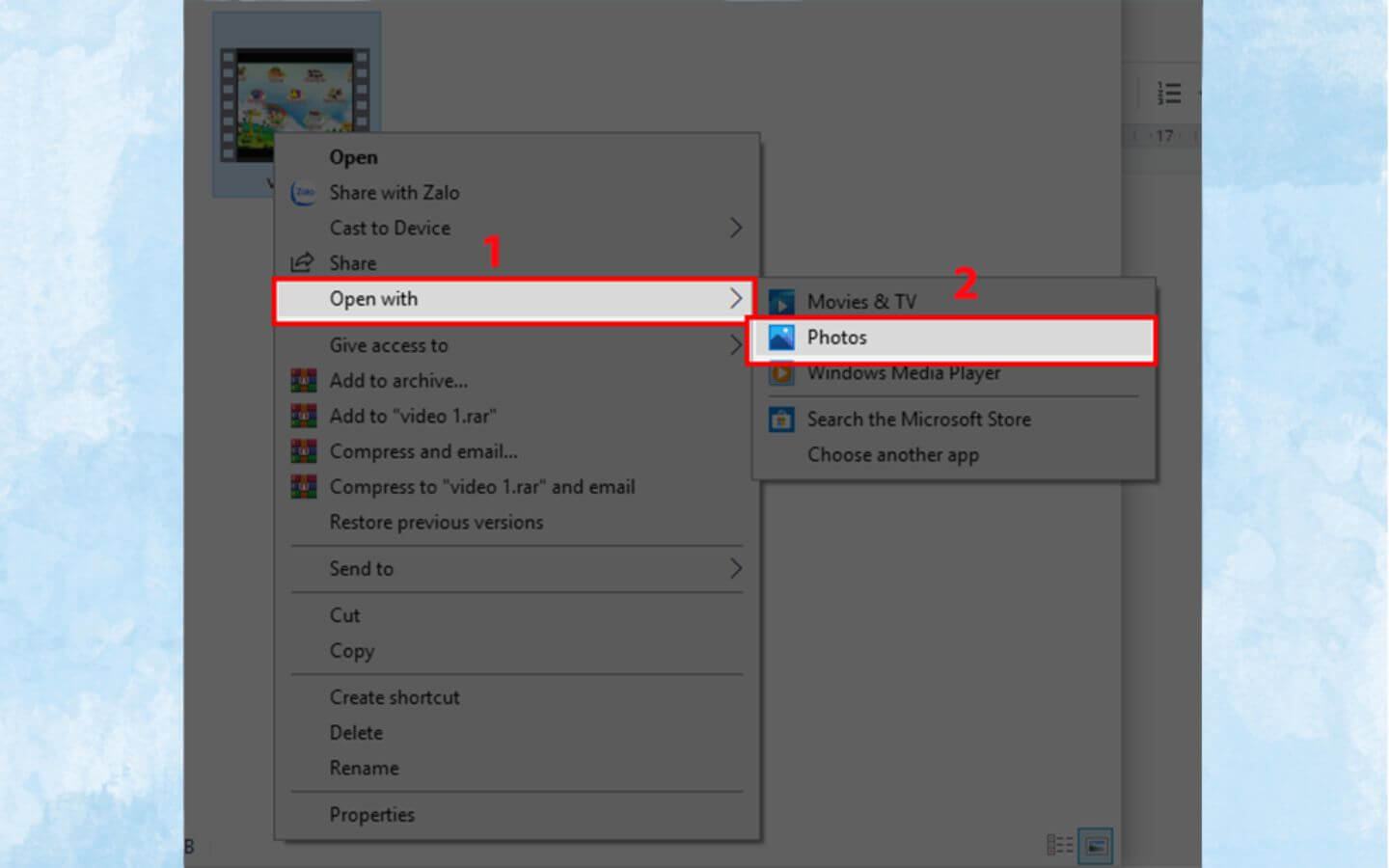 Nhấp chuột phải vào tệp video cần chỉnh sửa, chọn “Mở bằng” (Open with) > sau đó chọn ứng dụng “Photos”. (Nguồn: Internet)
