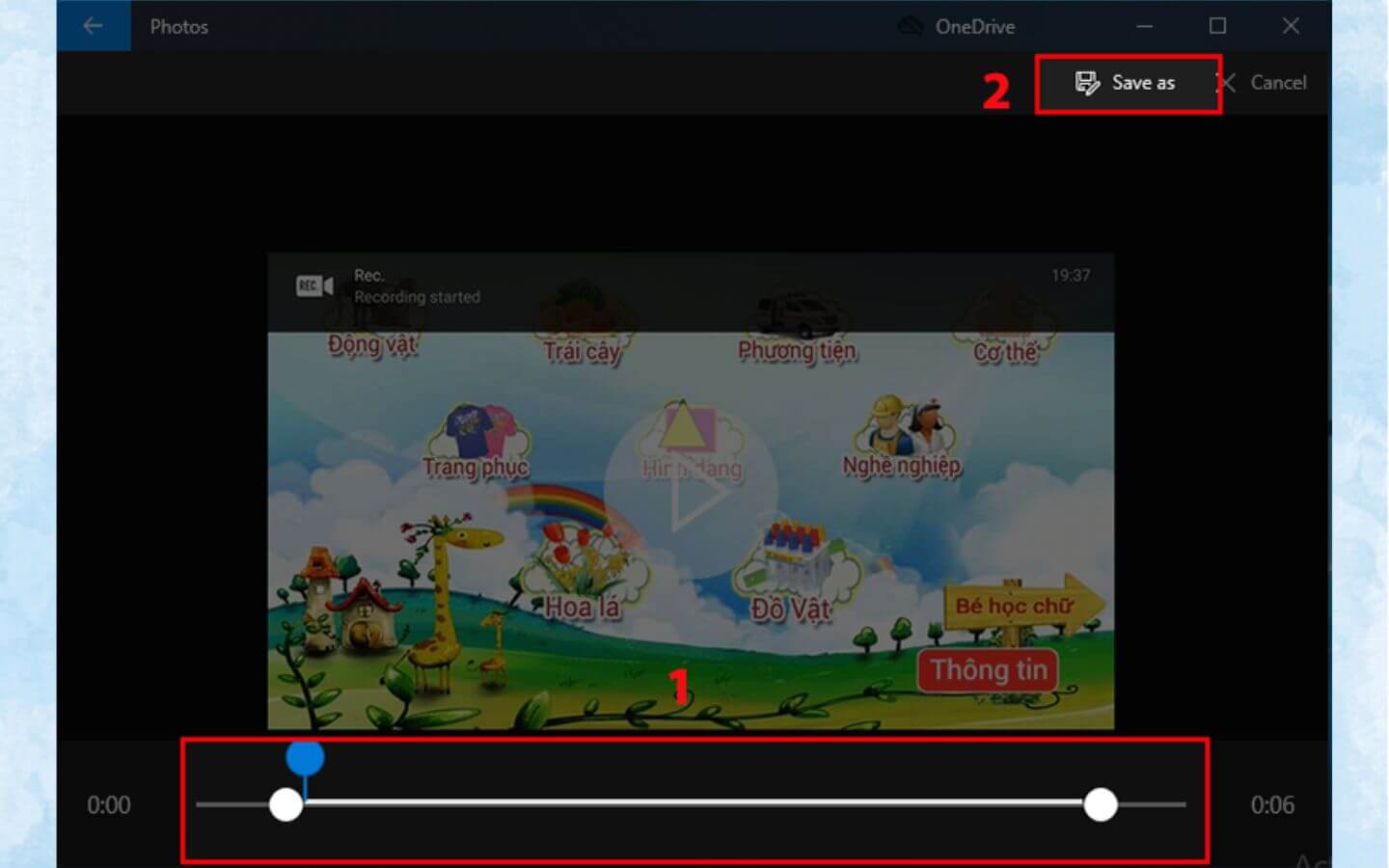 Sau khi hoàn tất thao tác, nhấn “Lưu bản sao” (Save as) ở góc trên bên phải để lưu đoạn video đã cắt. (Nguồn: Internet)