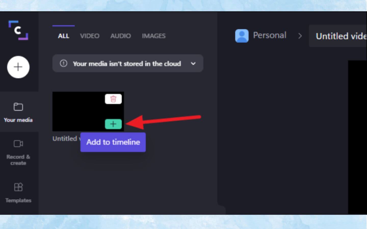 Sau khi tải lên, bạn có thể đưa video vào thanh timeline bằng cách nhấn nút “+” màu xanh hoặc kéo trực tiếp vào khu vực chỉnh sửa. (Nguồn: Internet)